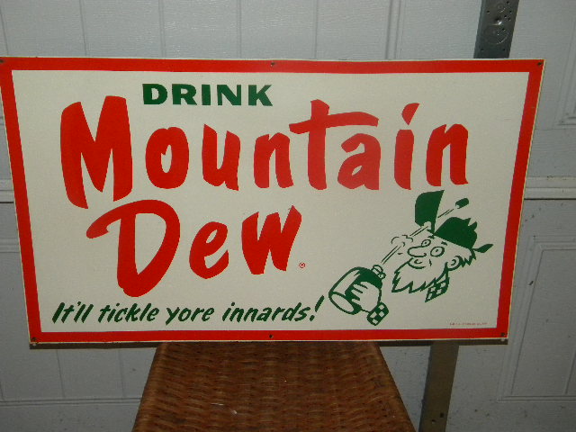 $OLD  1965 Drink Mountain Dew Tin Sign w/ Hillbilly ORIGINAL