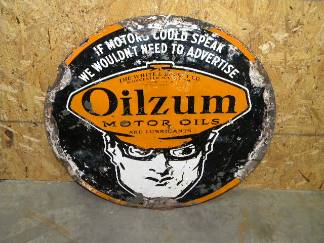 $OLD Rare DBL Sided Tin Oilzum Sign 1930s
