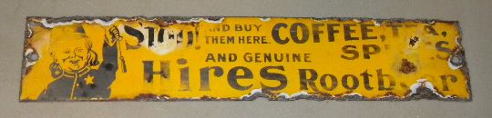 $OLD Scarce Hires Root Beer Porcelain Door Push Sign w/ boy cop graphic!