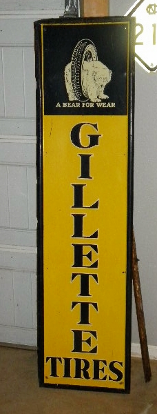 $OLD Early Gillette Tires Self Framed Tin Sign w/ Bear Graphics