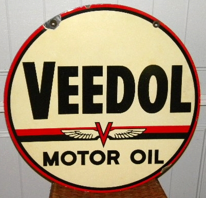 SOLD: Veedol Motor Oil Dbl Sided Porcelain Sign