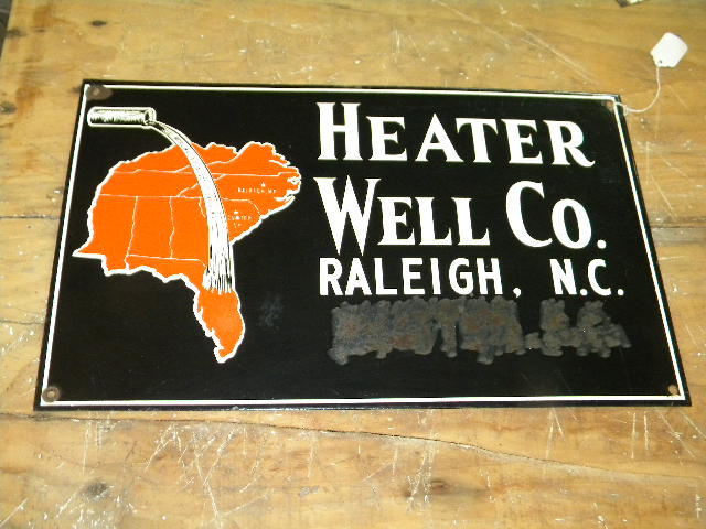 $OLD Raleigh NC Heater Well Company Porcelain Sign w/ Graphics