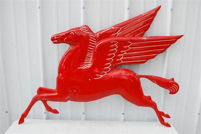 SOLD: Mobil Pegasus Embossed Porcelain Diecut Sign