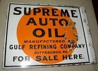 $OLD Gulf Refining Supreme Auto Oil Double Sided Porcelain Flange Sign