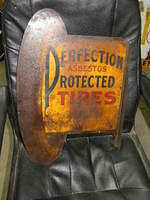 $OLD Perfection Protected Tires Early DST Tin Litho Flange Sign w/ Cord Tire