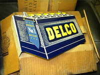 $OLD NOS Delco Batteries Mini Flange Sign (United Motors Service) w/ Box 1950s